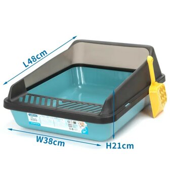 Nobleza Kattenbak met spatrand en kattenbakschep blauw M